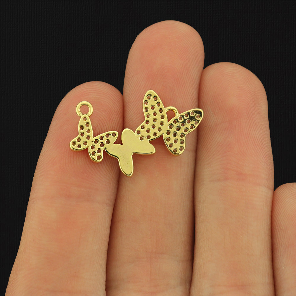 Butterfly Gold Tone Brass Rhinestone Connector Charms - BR079