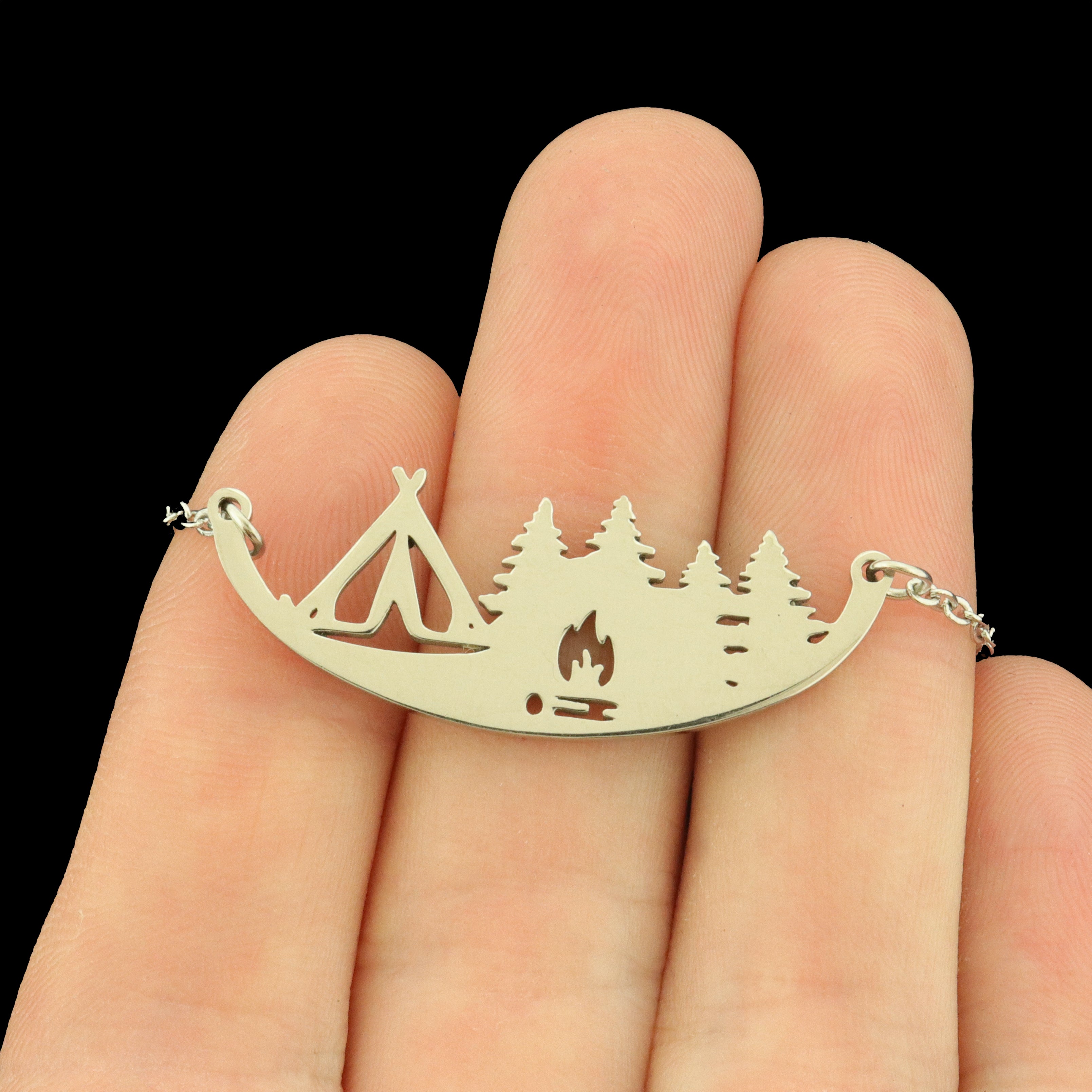 Camping Connector Stainless Steel Charm 2 Sided with Attached Necklace - SSP024