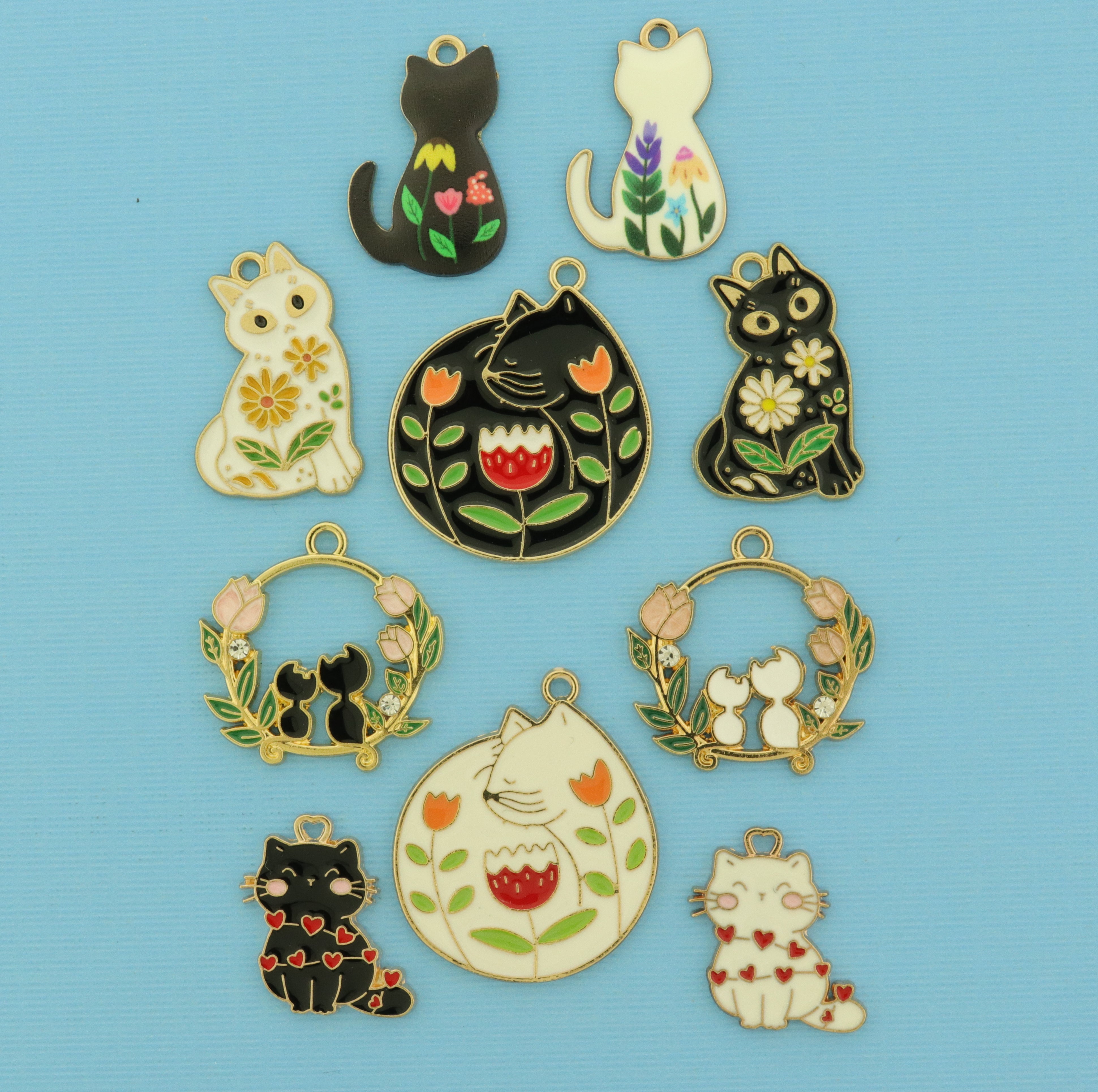 Cat Charm Collection - 10 Gold Tone Enamel Charms - COL472H