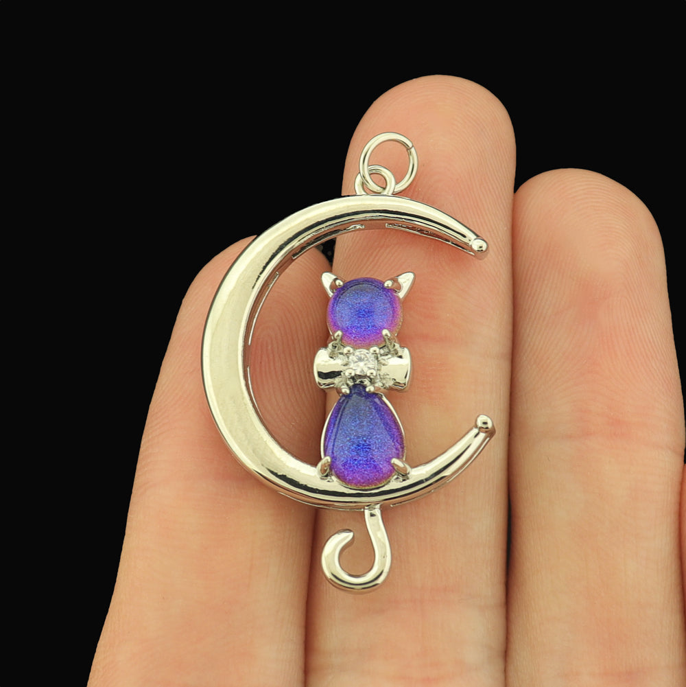 Cat Crescent Moon Silver Tone Brass Connector Charm - Choose Your Stone Color