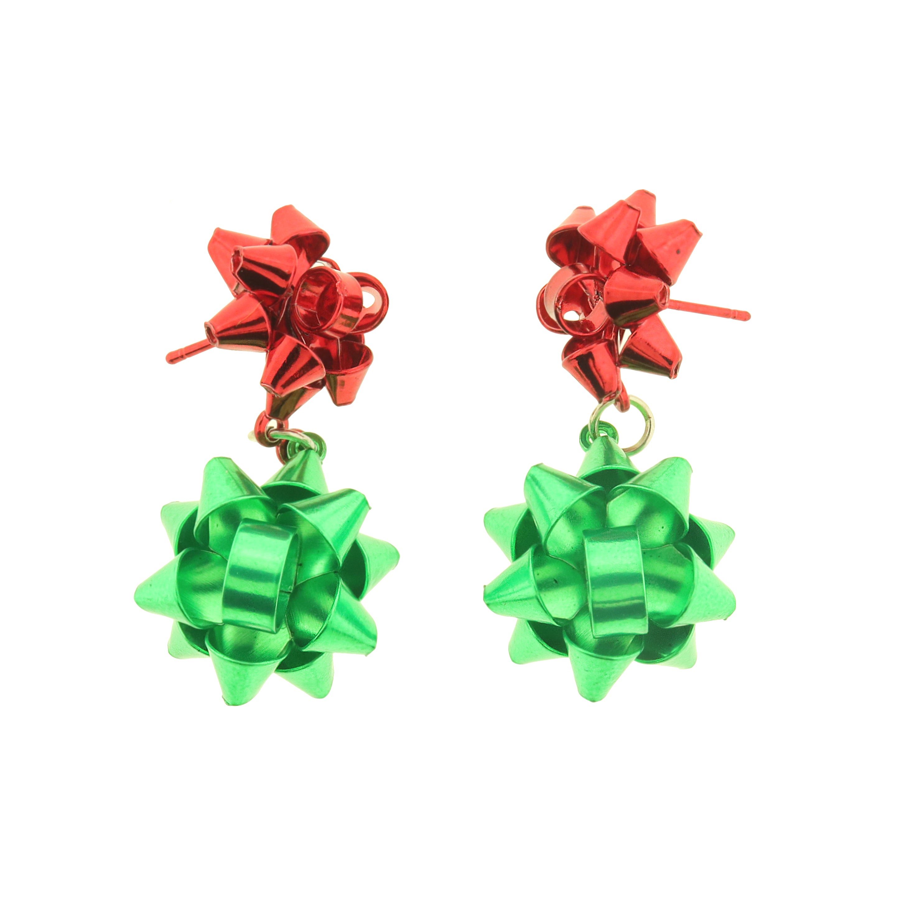 Christmas Bow Earrings - Bright Green and Red - 1 Pair - ER1045