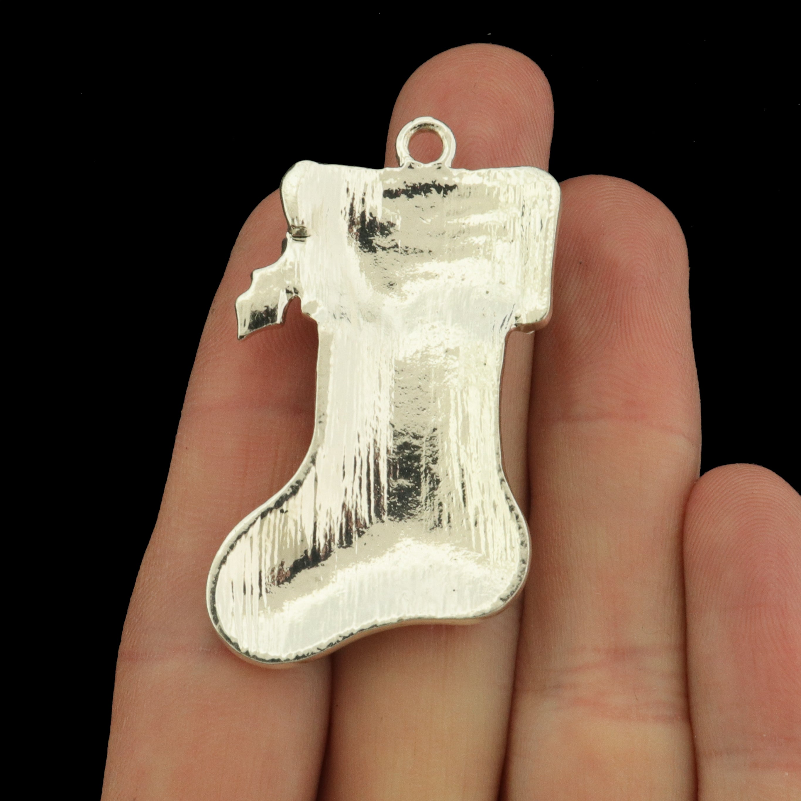 Christmas Stocking Silver Tone Enamel Charm with Rhinestones - E031