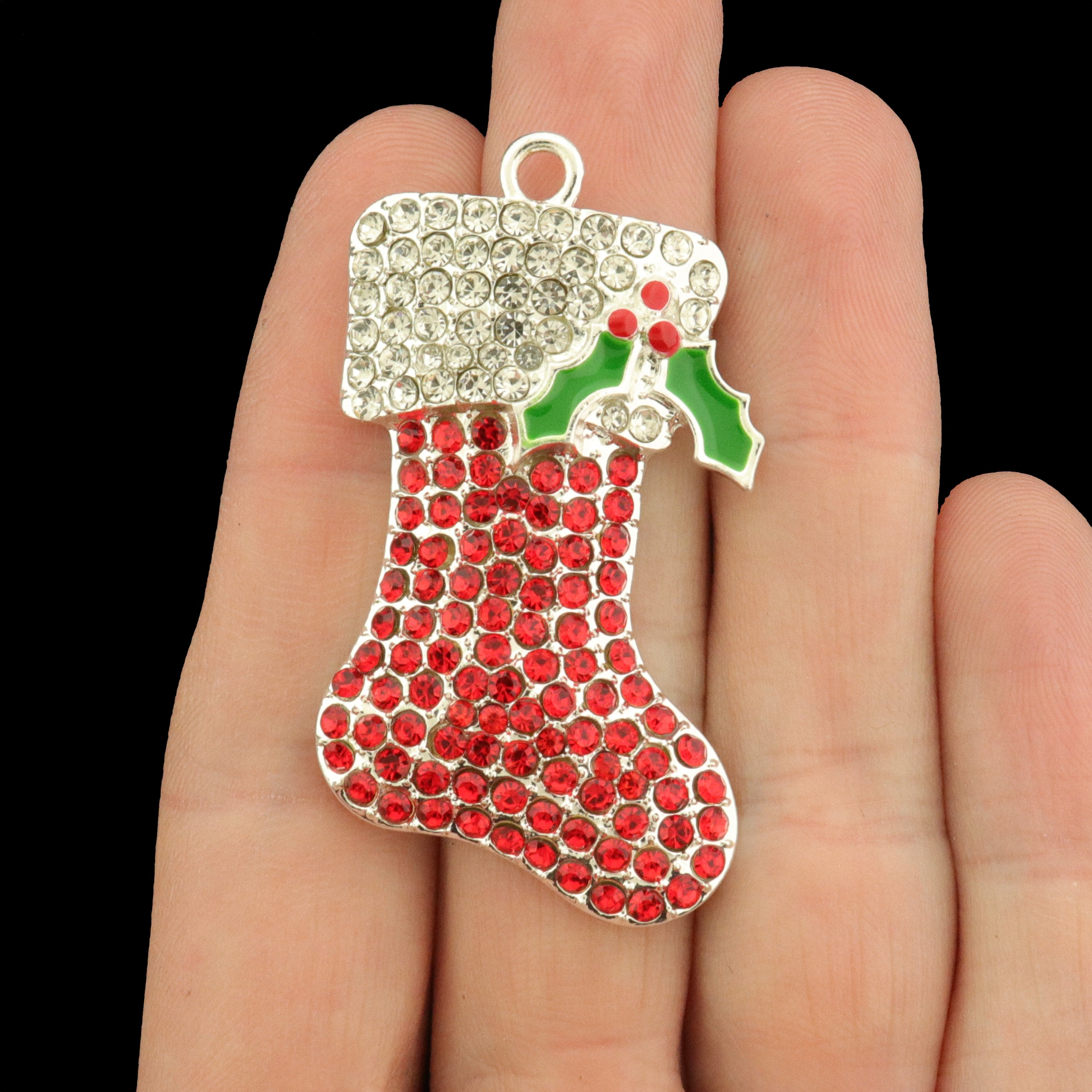 Christmas Stocking Silver Tone Enamel Charm with Rhinestones - E031
