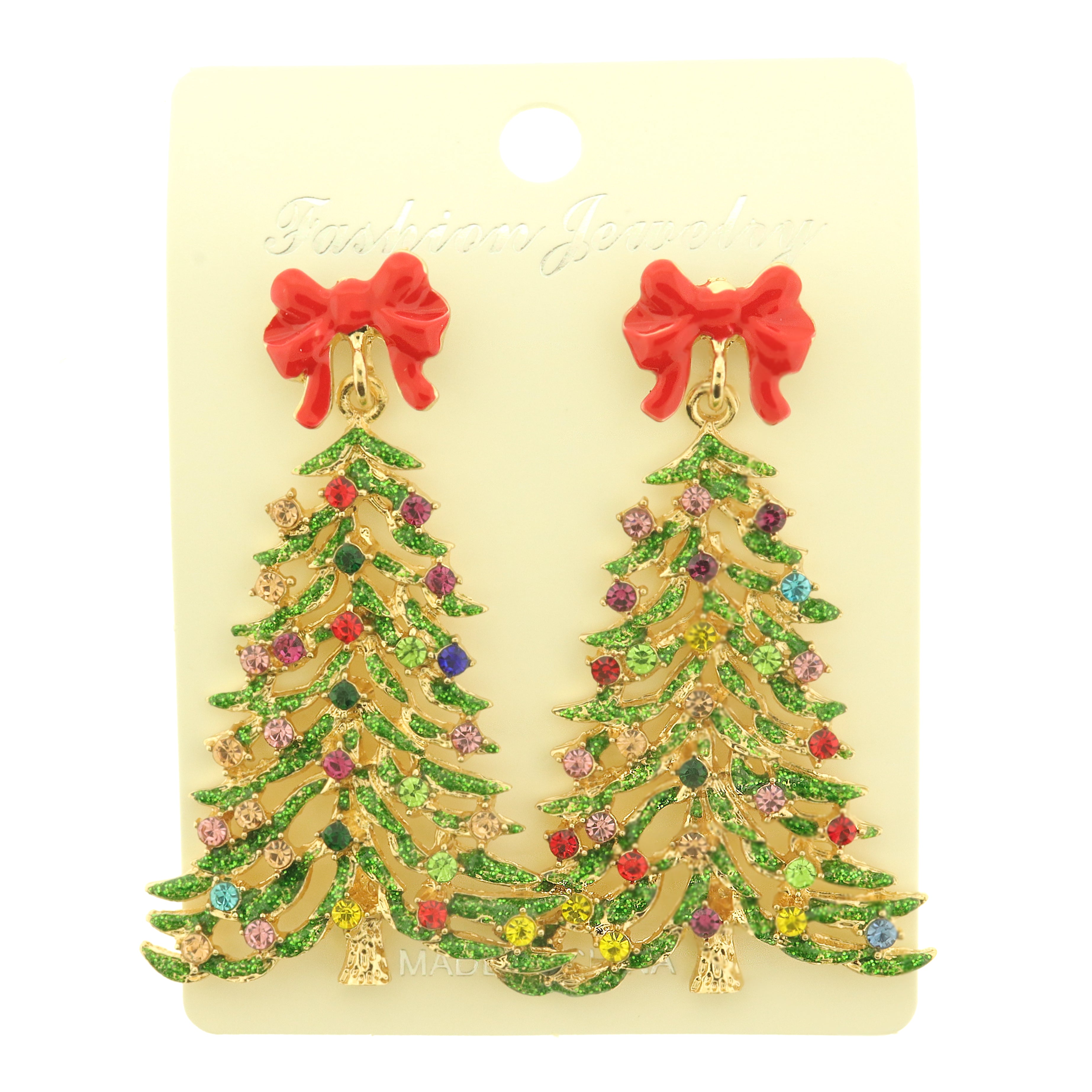 Christmas Tree Earrings - Super Colorful CZs with Bows - 1 Pair - ER1053