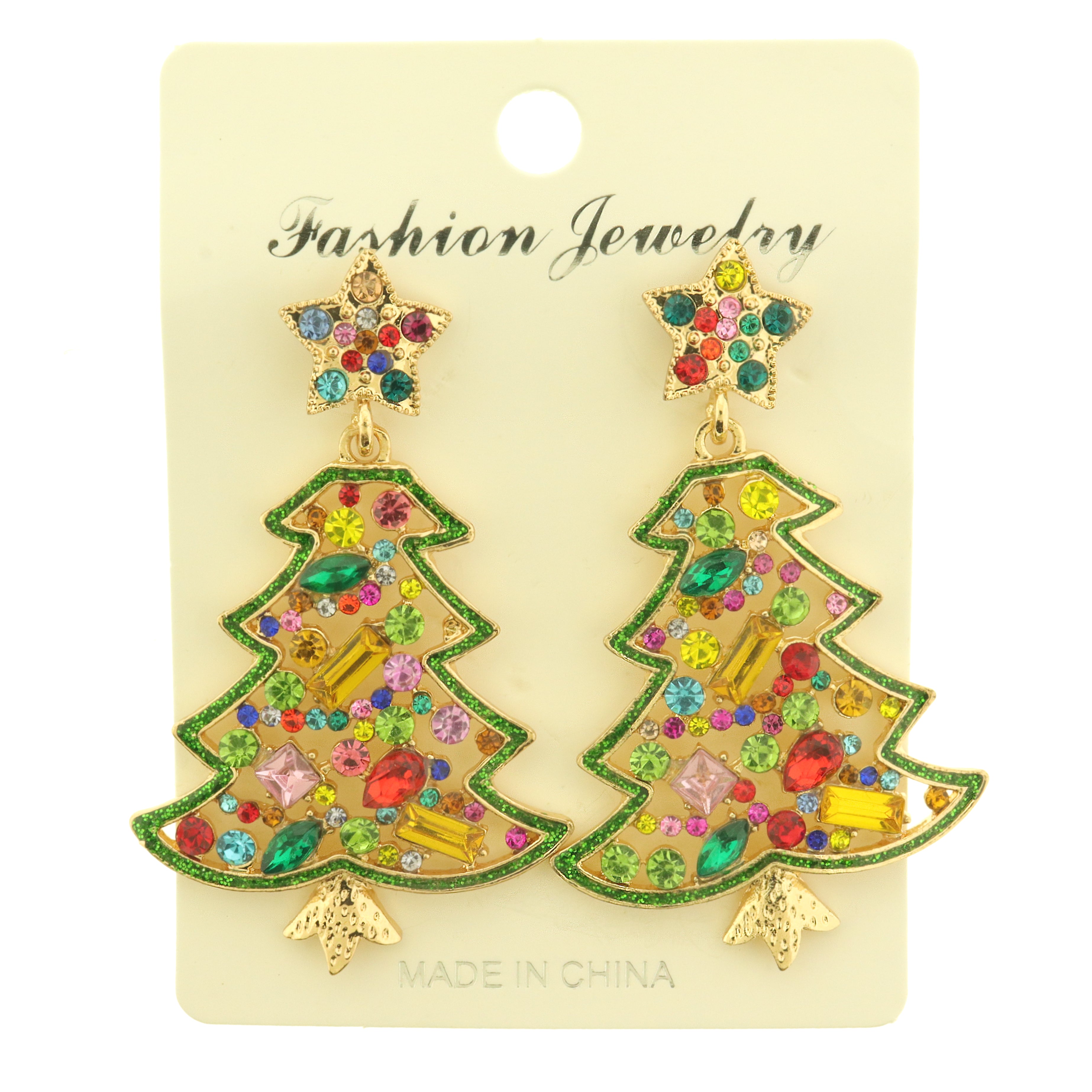 Christmas Tree Earrings - Super Colorful CZs with Stars - 1 Pair - ER1052