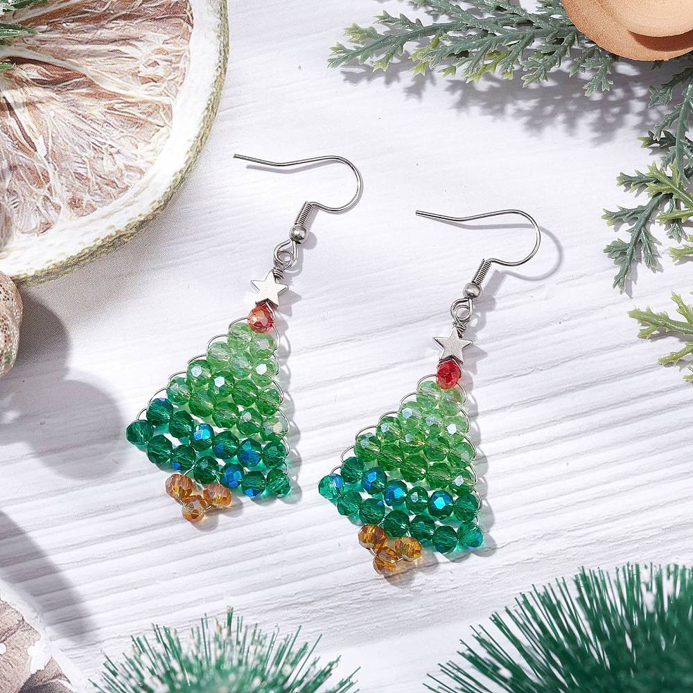 Christmas Tree Seed Bead Earrings - 1 Pair - Stainless Earring Hooks
