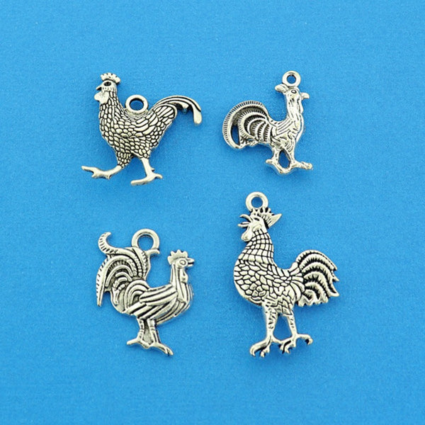 Rooster Collection Antique Silver Tone 4 Different Charms - COL429H