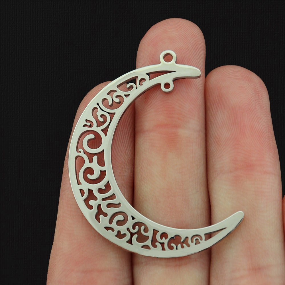 Crescent Moon Stainless Steel Connector Charm 2 Sided - Choose Your Tone