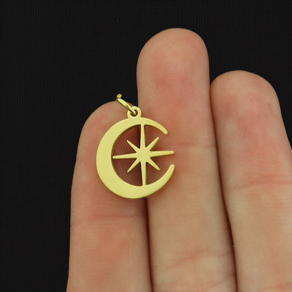 Crescent Moon and Star Stainless Steel Charm - Choose Your Tone
