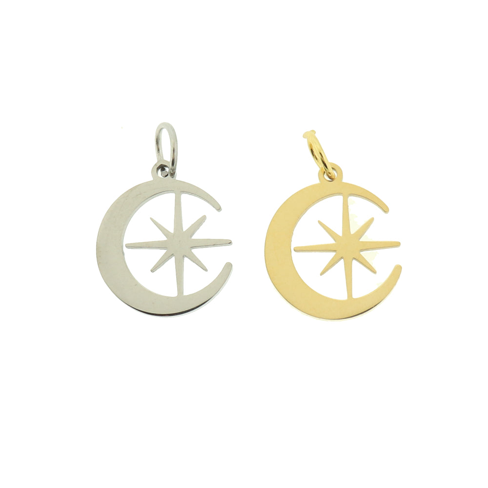 Crescent Moon and Star Stainless Steel Charm - Choose Your Tone