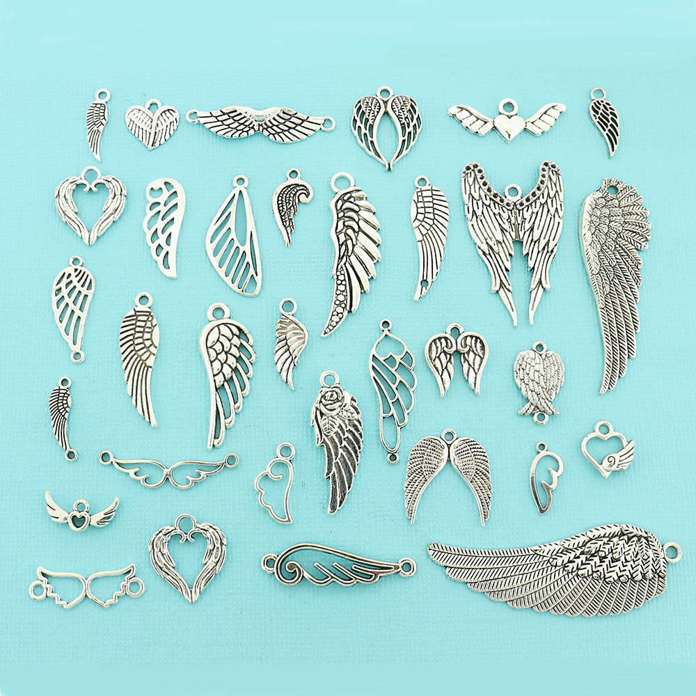 Deluxe Angel Wing Charm Collection Antique Silver Tone 33 Different Charms - COL293H