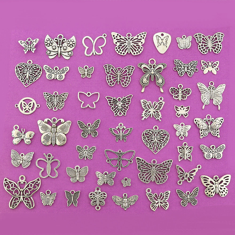 Deluxe Butterfly Charm Collection Antique Silver Tone 48 Different Charms - COL389H