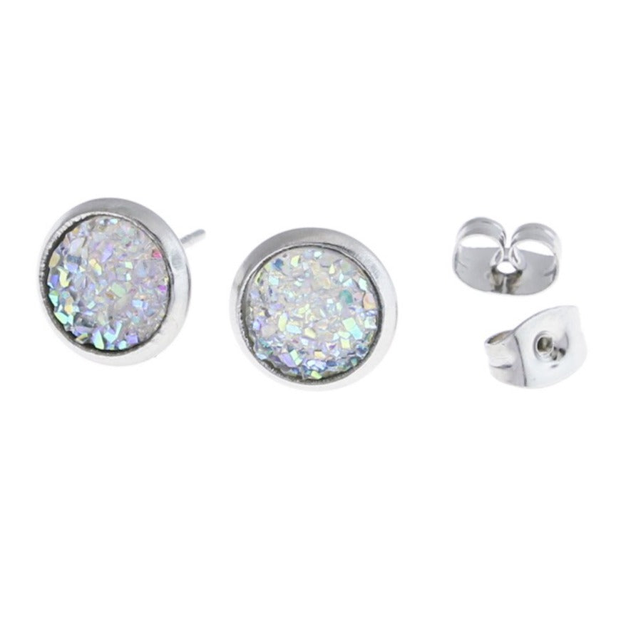Druzy Earrings - Stainless Steel Stud - 8mm - 1 Pair - Choose Your Color!