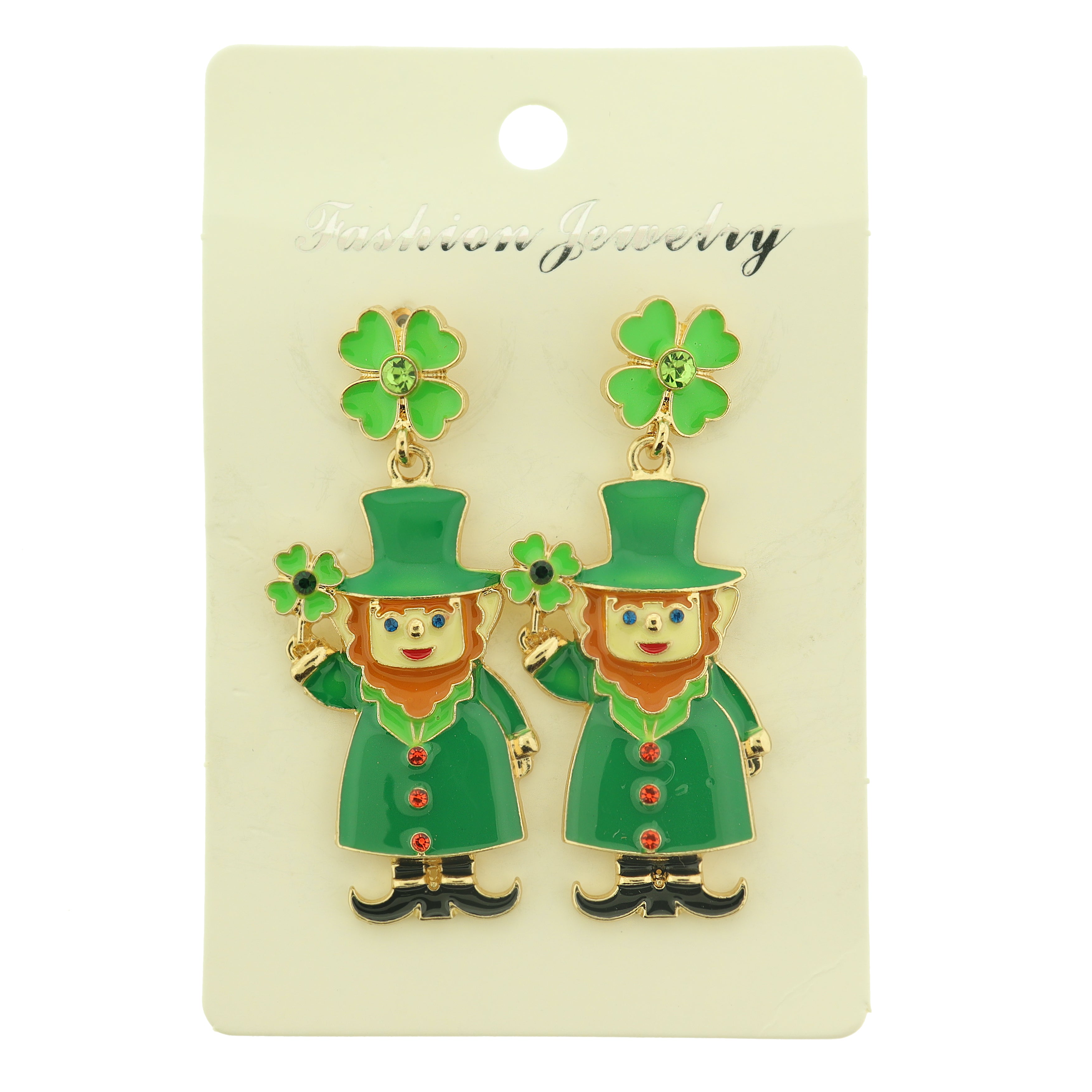 Enamel St. Patricks Day Leprechaun Dangle Earrings - Gold Tone Stud Style - 2 Pieces 1 Pair - ER708
