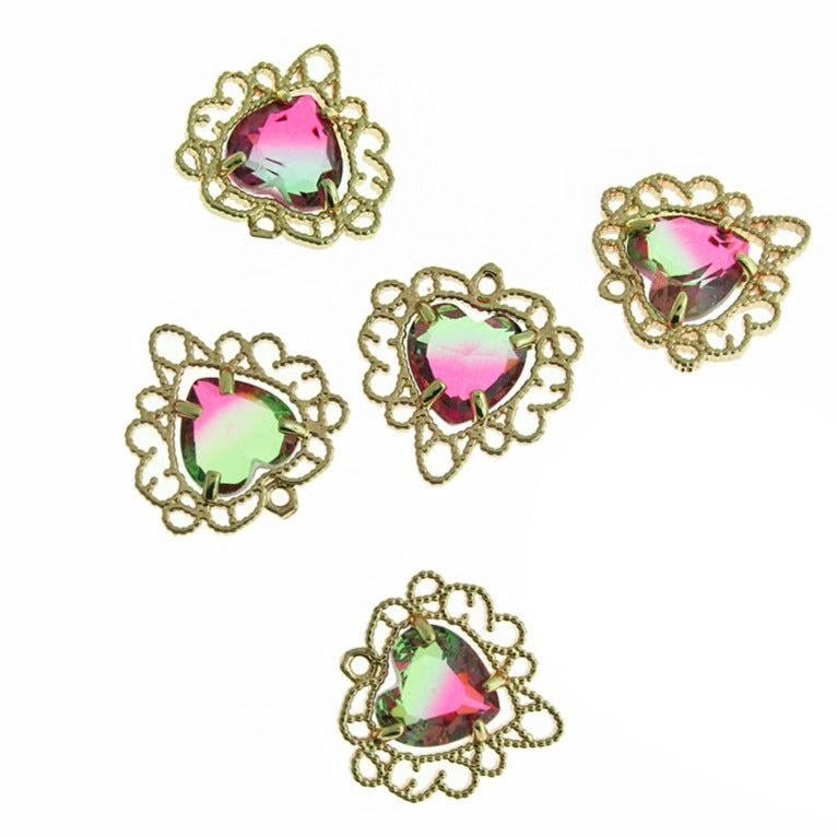 Faceted Glass Filigree Heart Rhinestone Gold Tone Charm - Choose Your Color!