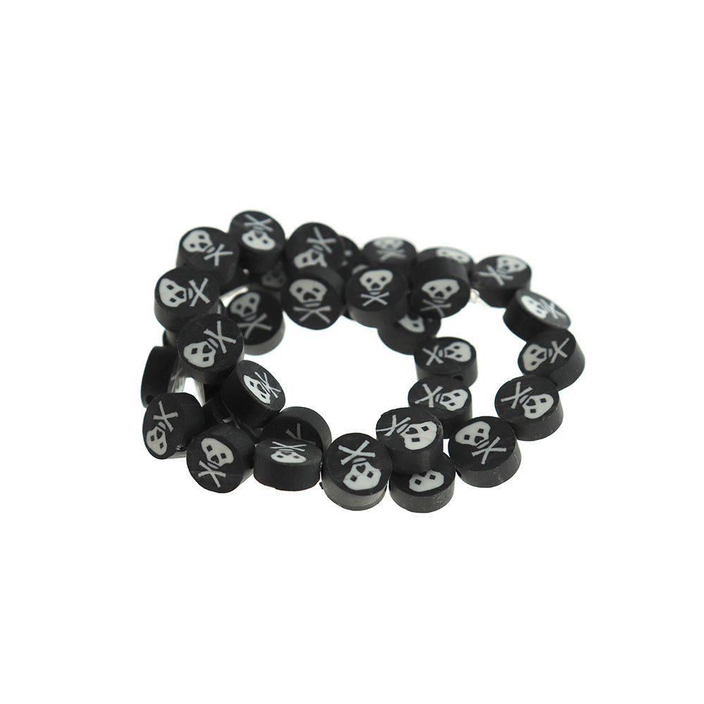 Flat Round Polymer Clay Beads 9mm x 4mm - Skull and Cross Bones - 1 Full 14.96" Strand 40 Beads - BD1891