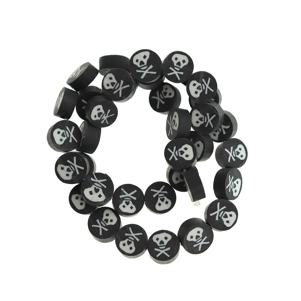 Flat Round Polymer Clay Beads 9mm x 4mm - Skull and Cross Bones - 1 Full 14.96" Strand 40 Beads - BD1891