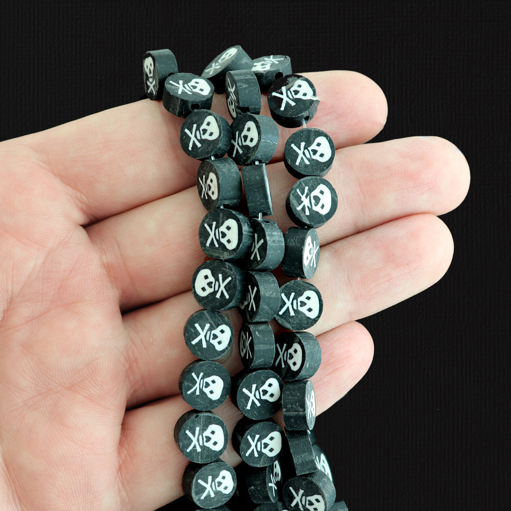 Flat Round Polymer Clay Beads 9mm x 4mm - Skull and Cross Bones - 1 Full 14.96" Strand 40 Beads - BD1891