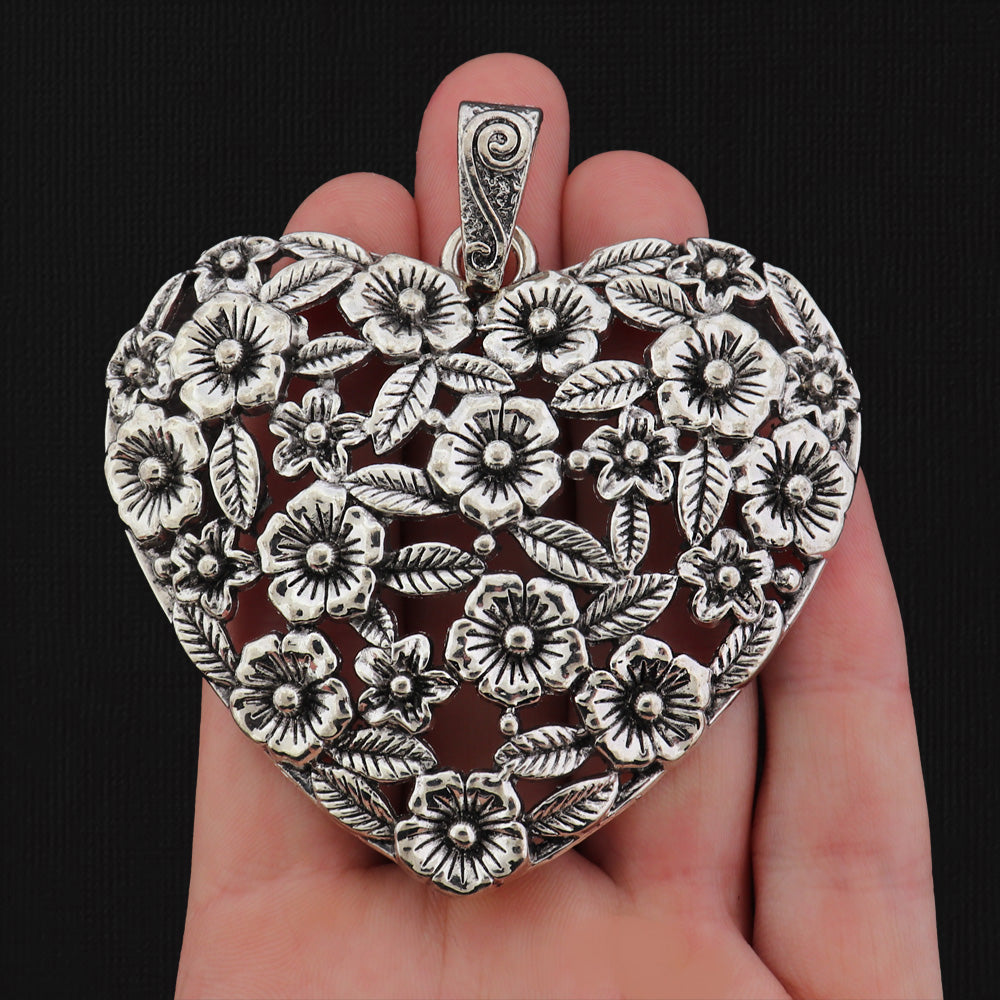 Floral Heart Antique Silver Tone Charm - SC656