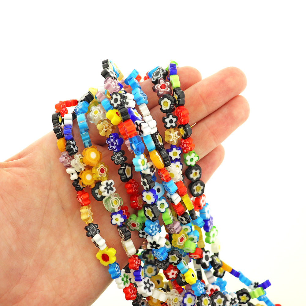 Flower Glass Beads 8mm - Assorted Floral Millefiori - 1 Strand 50 Beads - BD2619