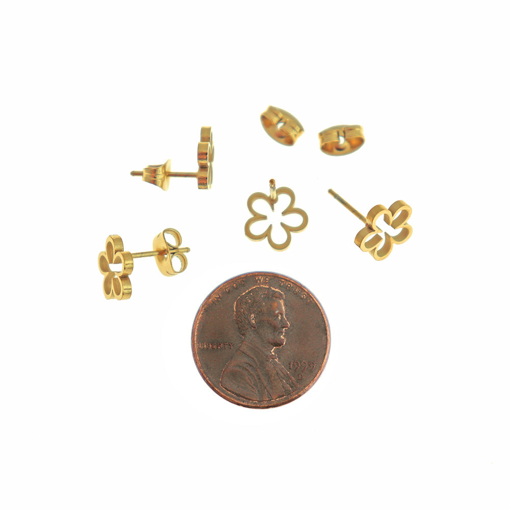 Gold Tone Stainless Steel Earrings - Flower Studs - 8mm - 1 Pair - Choose Your Tone!