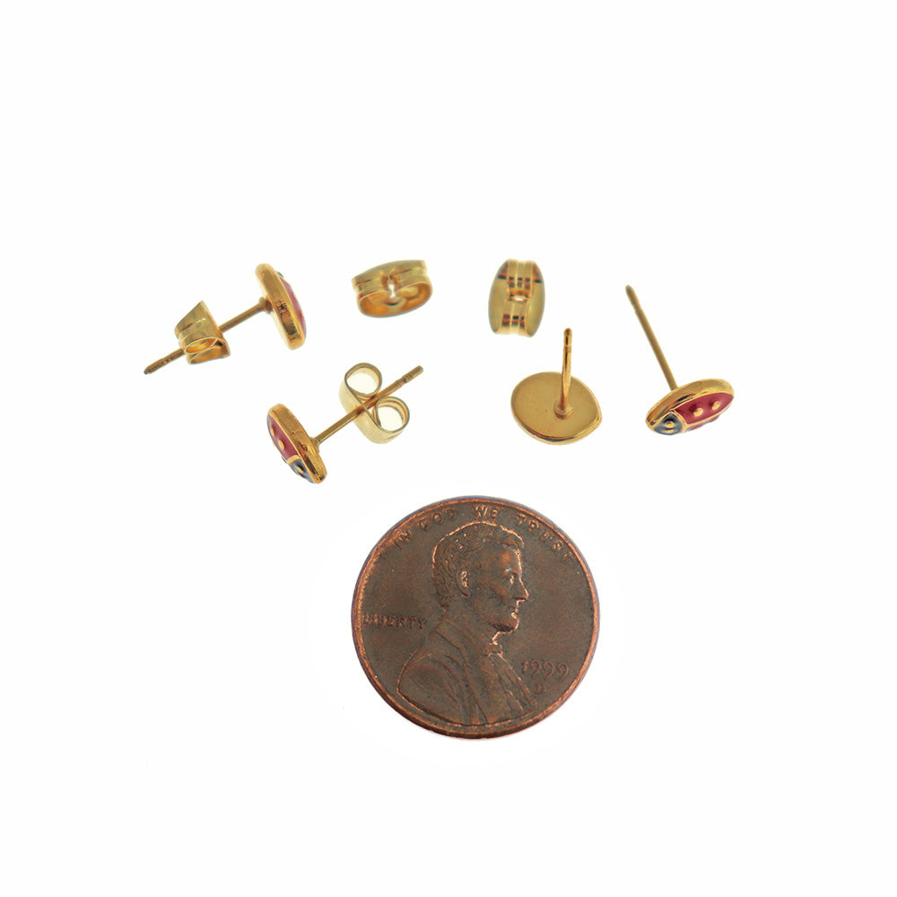 Gold Tone Stainless Steel and Enamel Earrings -Ladybug Studs - 7mm - 2 Pieces 1 Pair - ER220
