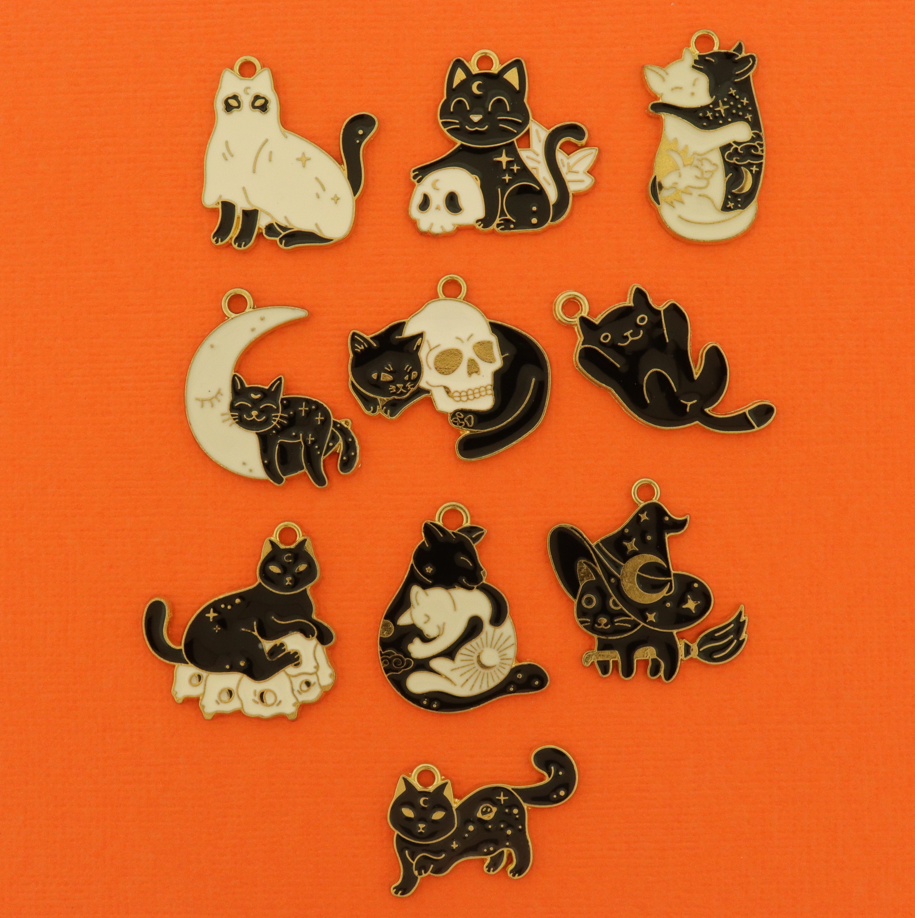 Halloween Black Cat Charm Collection - 10 Enamel Charms - COL473H