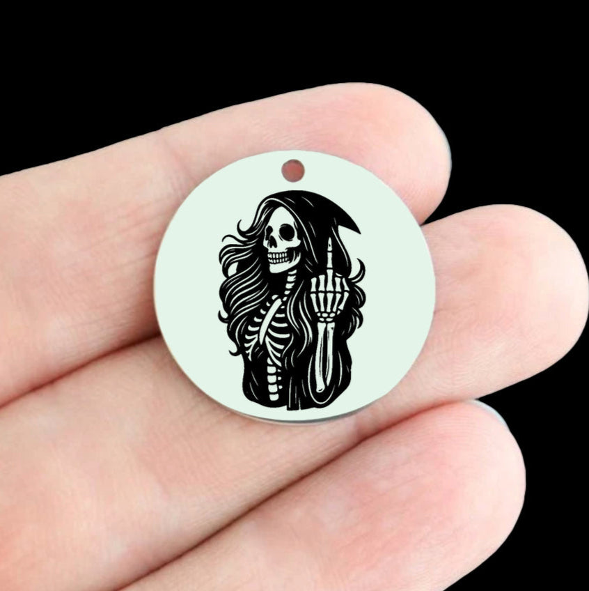 Halloween Stainless Steel 25mm Round Charms - Skeleton Witch with Middle Finger