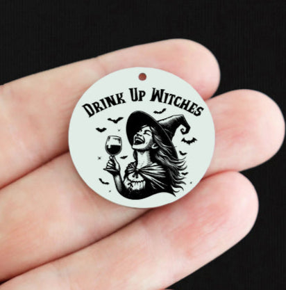 Halloween Stainless Steel 30mm Round Charms - Drink Up Witches