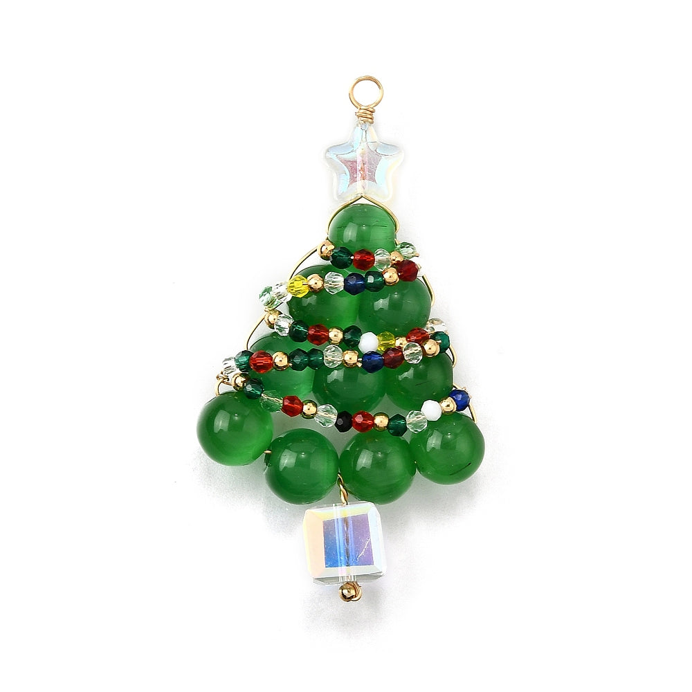Handmade Cats Eye Christmas Tree Beaded Drop Pendants - Super Detailed!