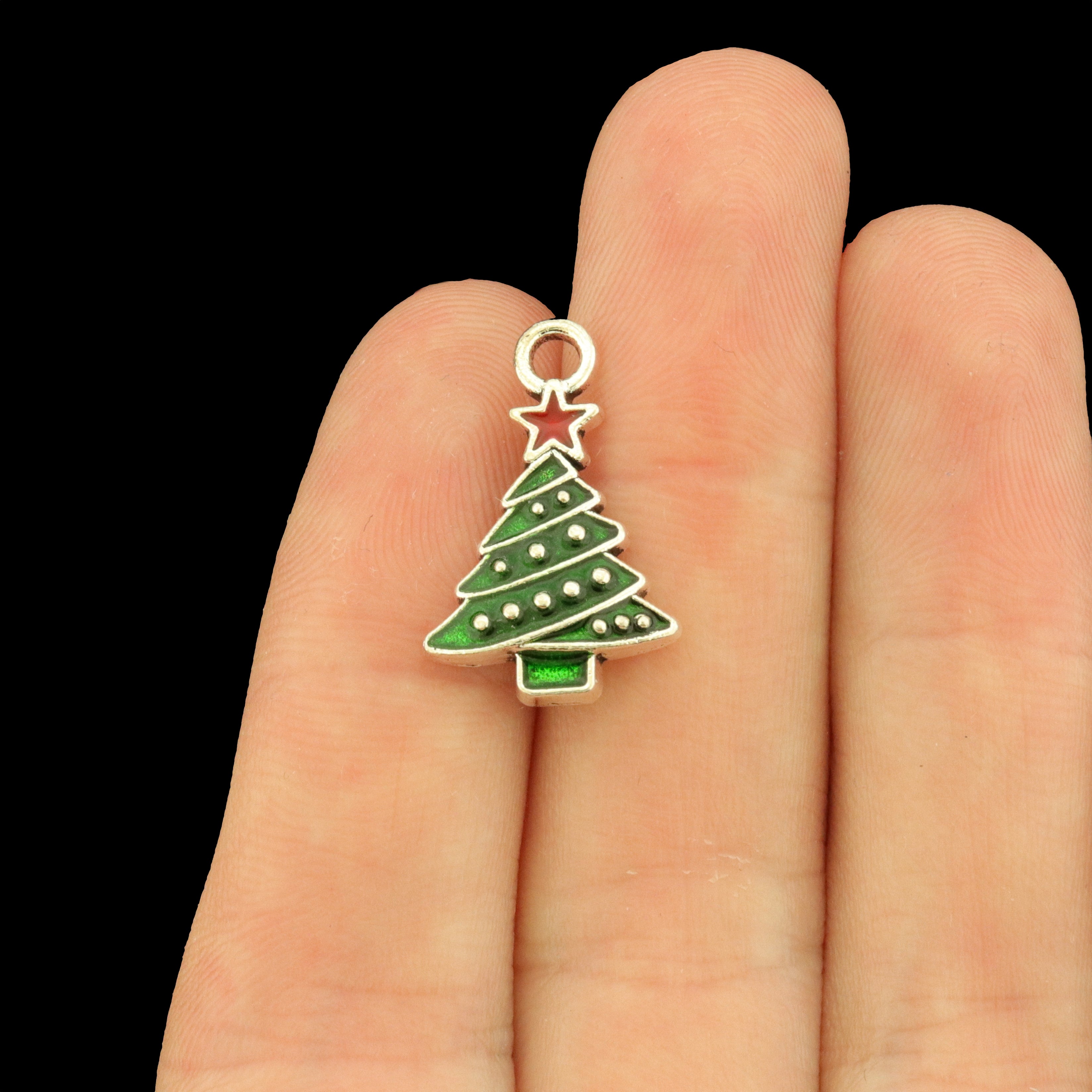 10 Christmas Tree Silver Tone Enamel Charms - E810
