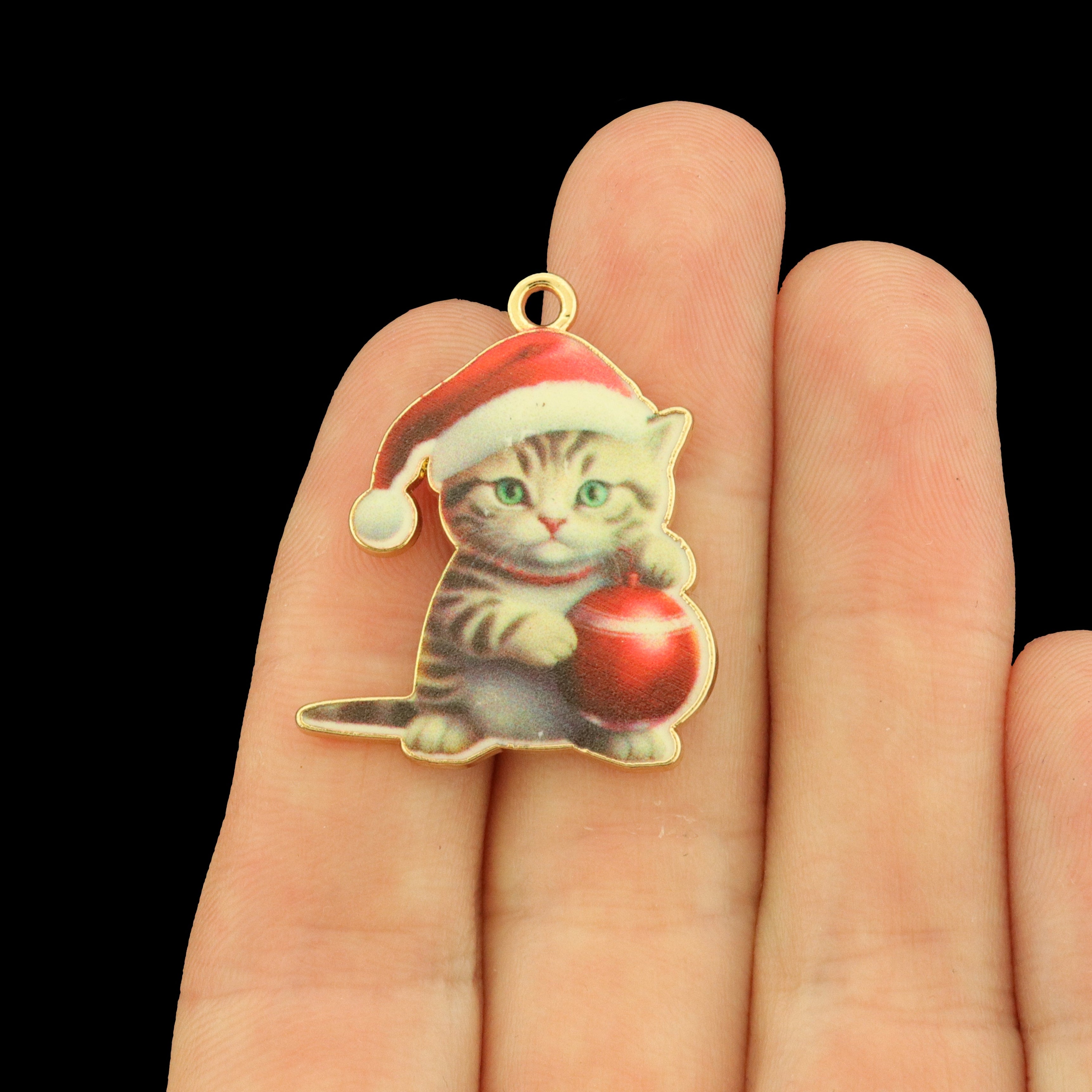 4 Kitten Holding Christmas Ornament Gold Tone Enamel Charms - E1142
