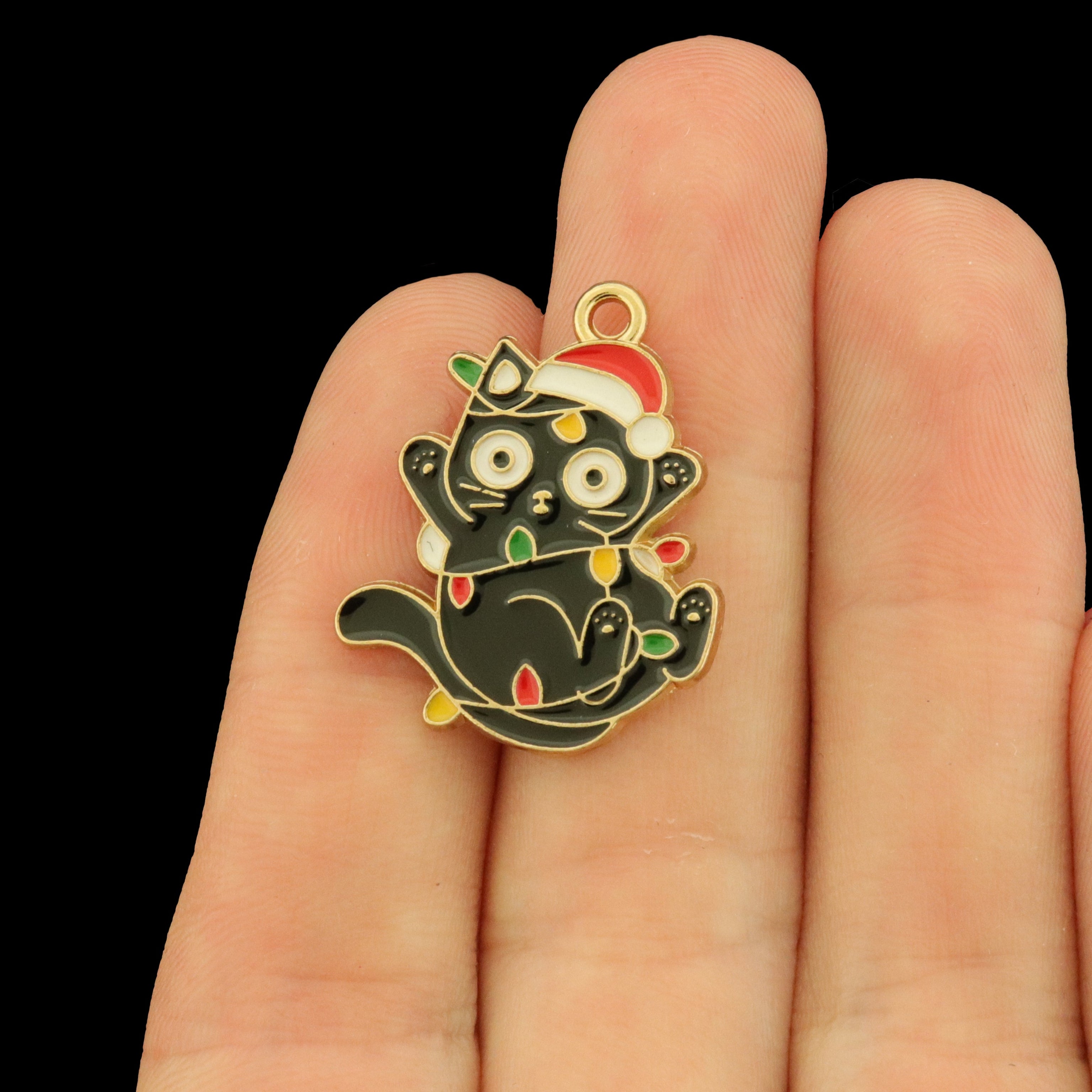 4 Christmas Cat with Lights Gold Tone Enamel Charms - E1236