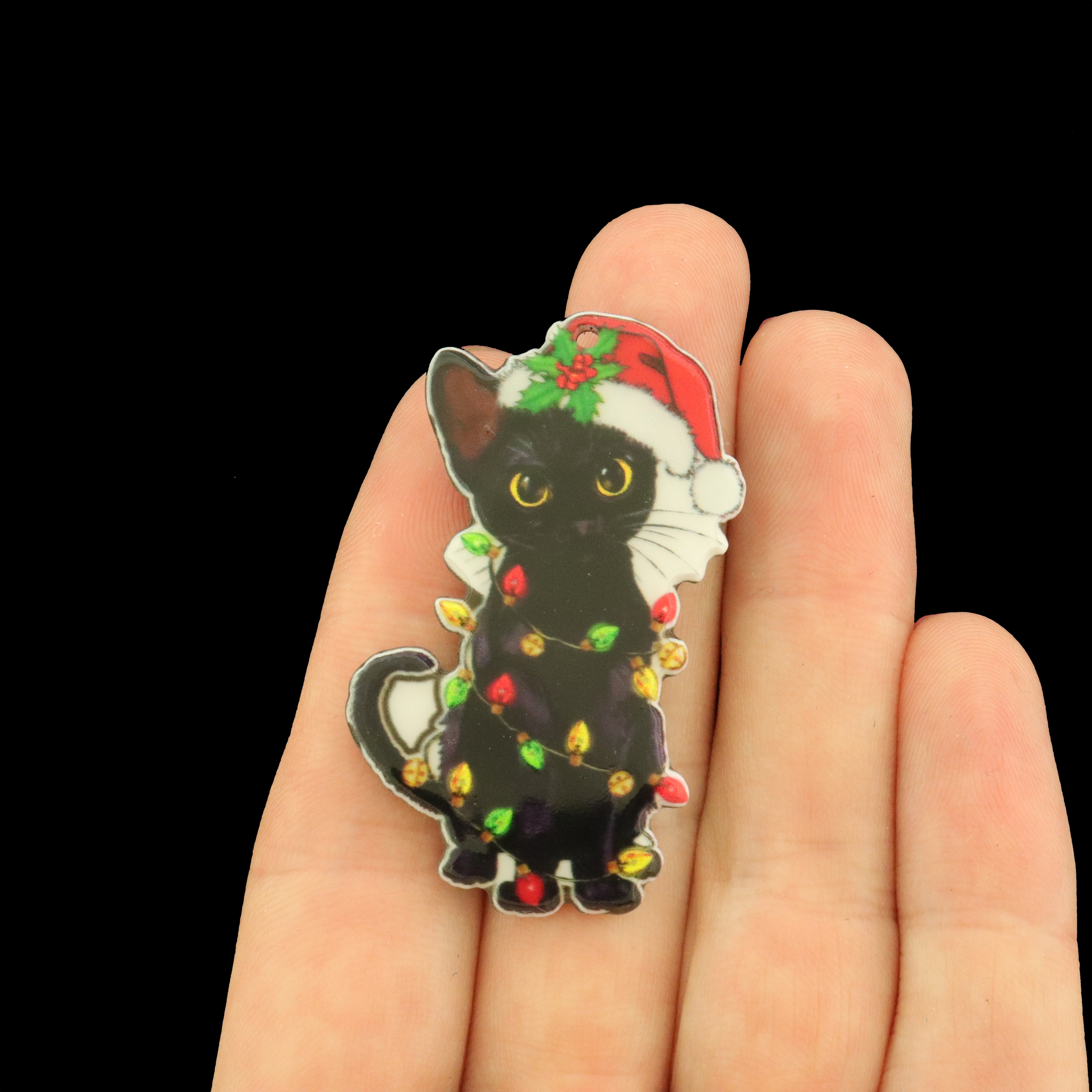 2 Black Cat Christmas Tree Acrylic Charms - K195