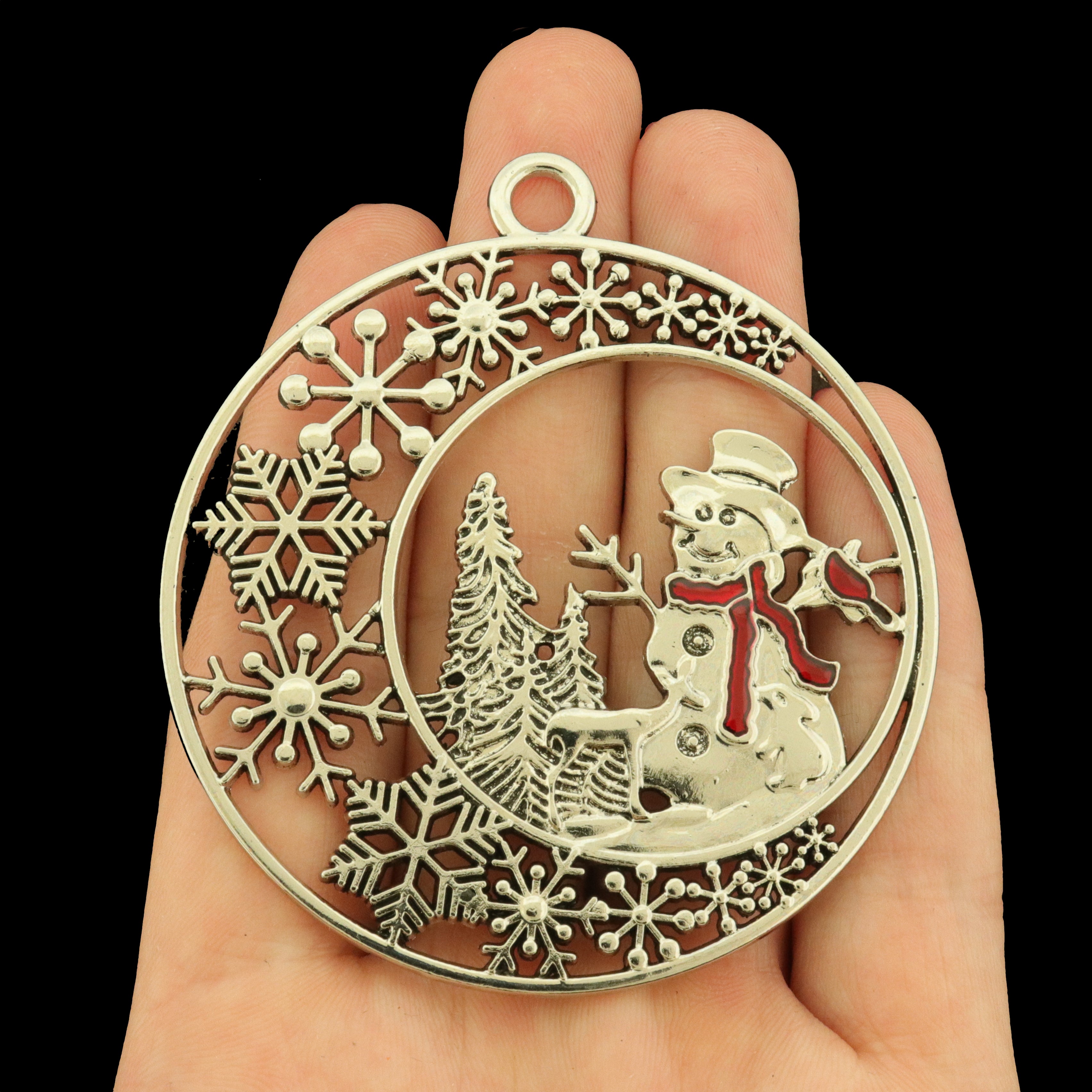 Snowman Antique Pewter Silver Tone Charms with Enamel Scarf - SC7893