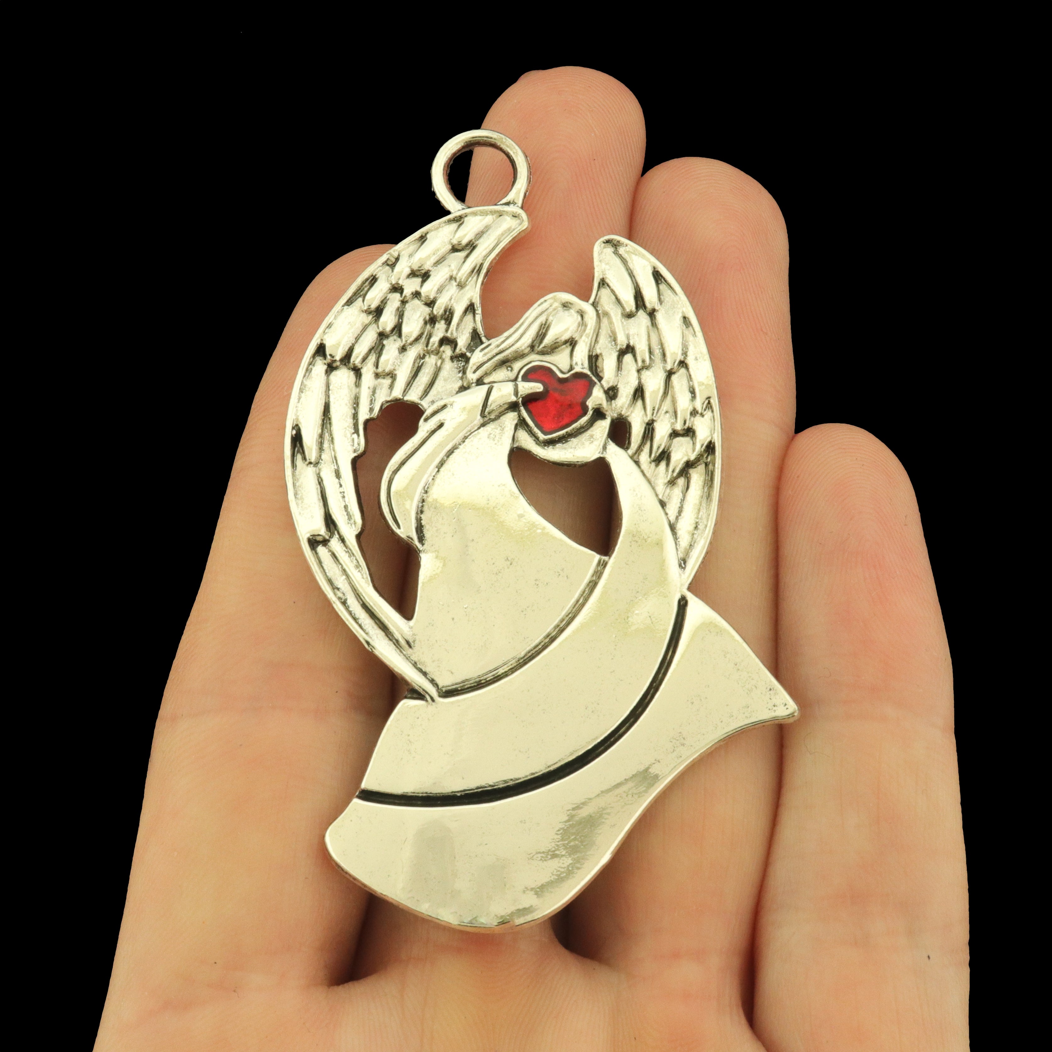 Angel with Enamel Heart Antique Pewter Silver Tone Charms - SC8042