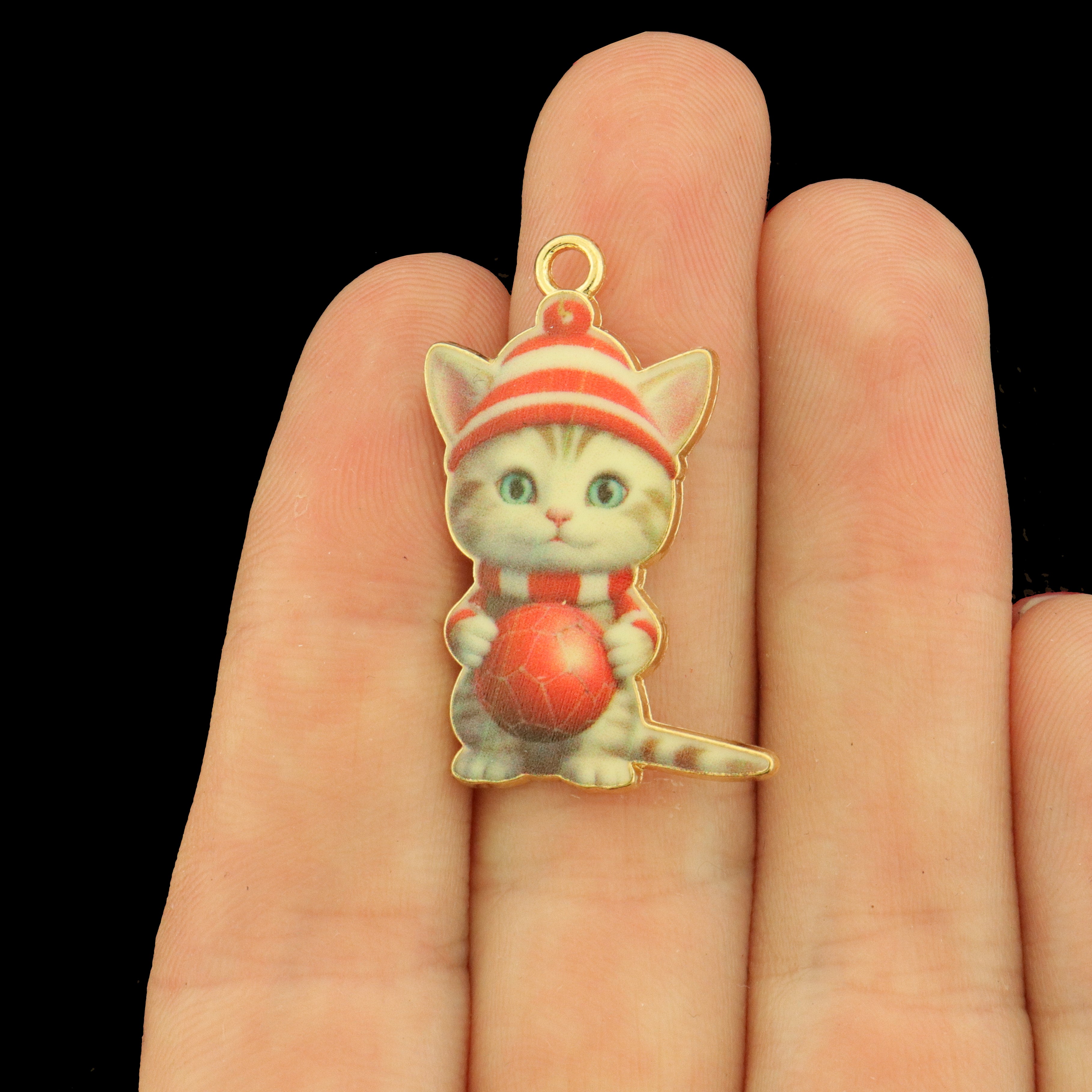 4 Christmas Cat Holding an Ornament Gold Tone Enamel Charms - E993