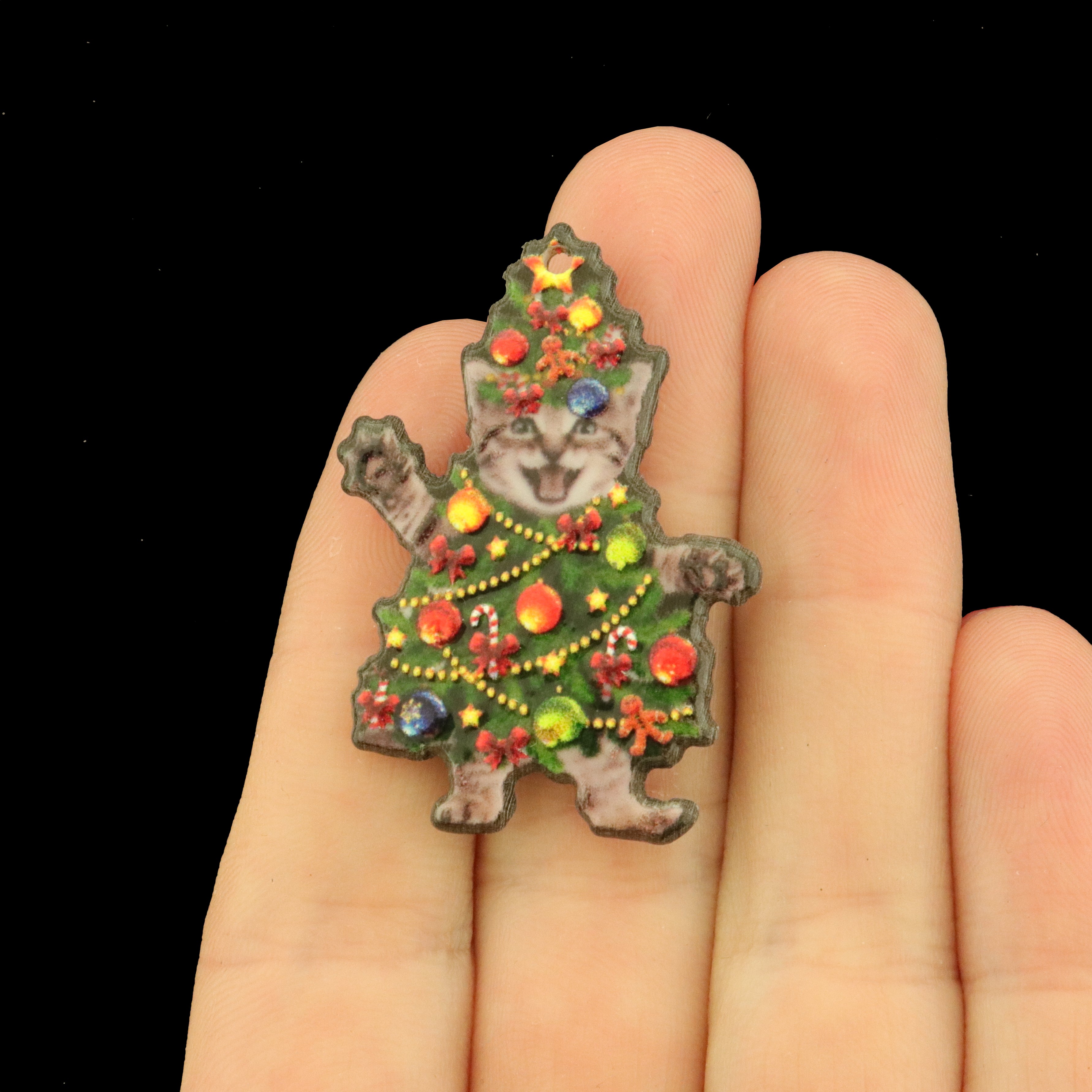 2 Dancing Cat Christmas Tree Acrylic Charms - K183