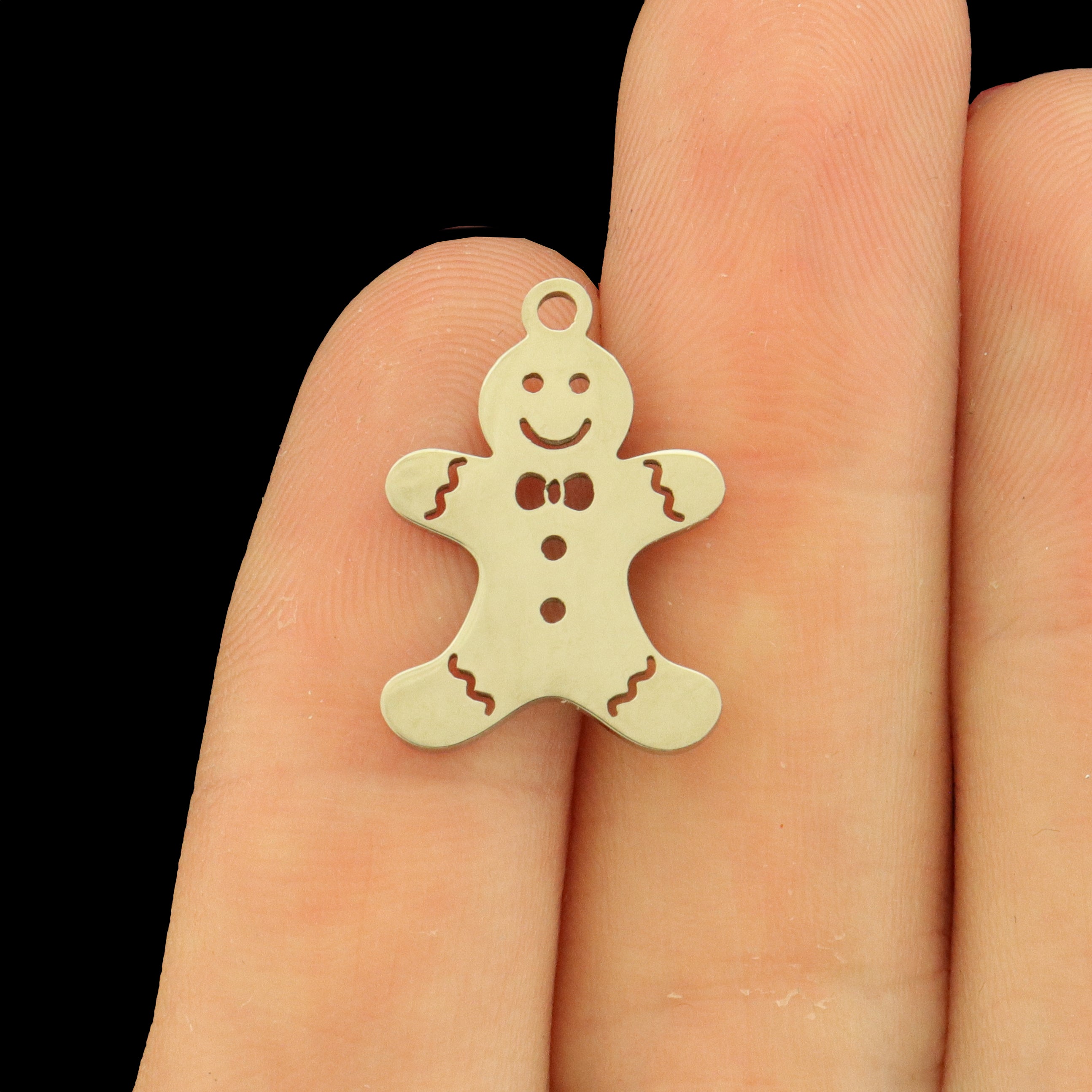 2 Gingerbread Man Stainless Steel Charms 2 Sided - Choose Your Tone!
