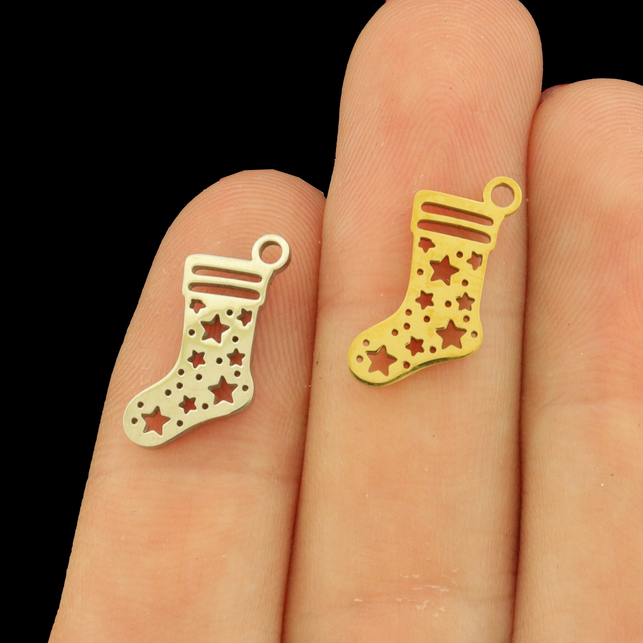 2 Christmas Stocking Stainless Steel Charms 2 Sided - Silver or 18k Gold!