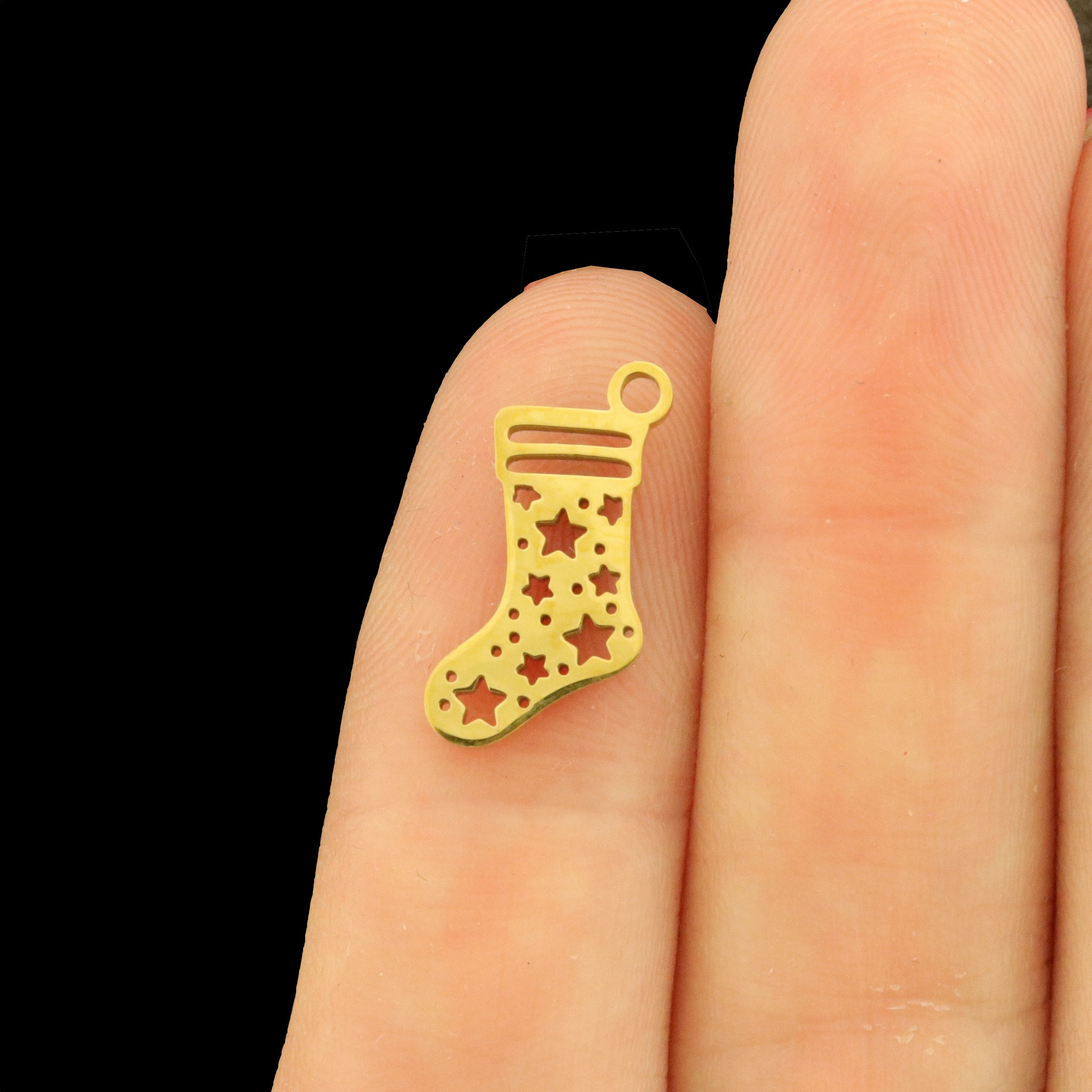 2 Christmas Stocking Stainless Steel Charms 2 Sided - Silver or 18k Gold!