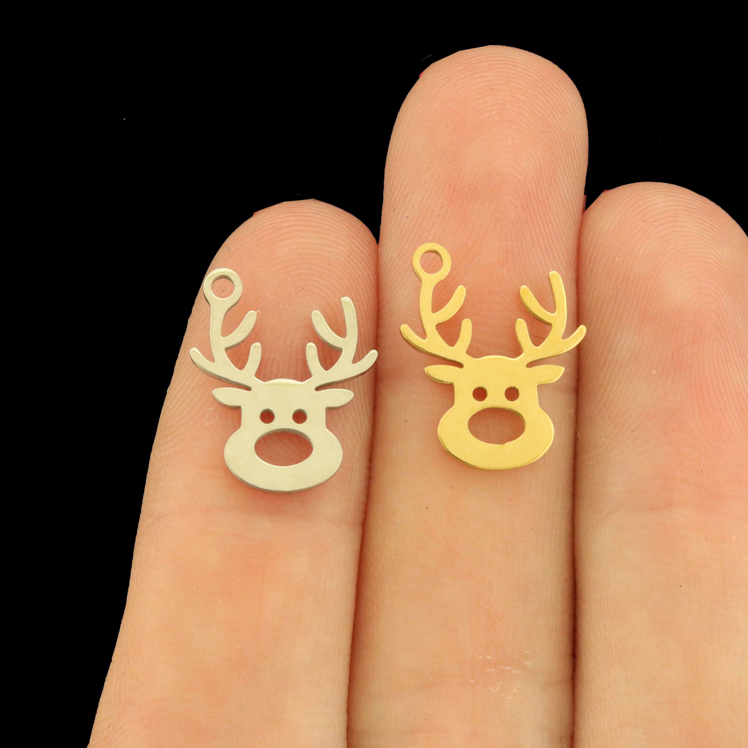 2 Reindeer Stainless Steel Charms 2 Sided - Choose Your Tone!