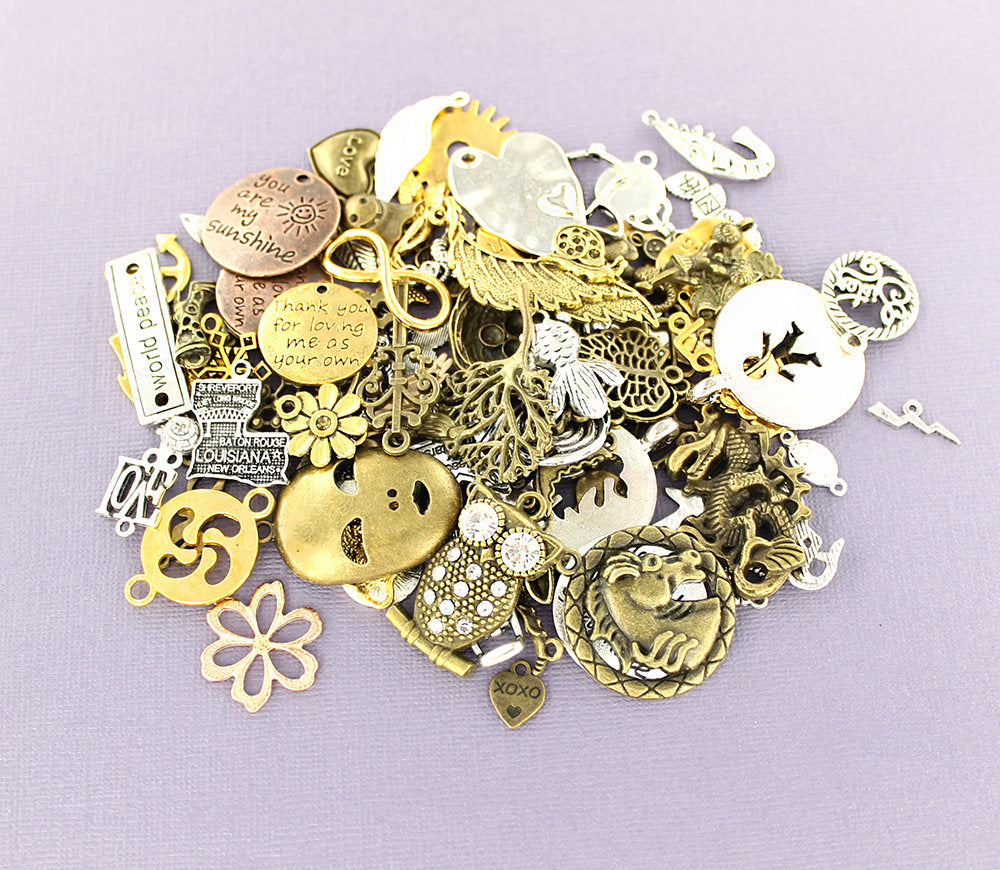 LIQUIDATION 100 Charms Assorted Antique Silver Bronze and Gold Tone Less Than Wholesale Cost Grab Bag 90% Off GRAB10