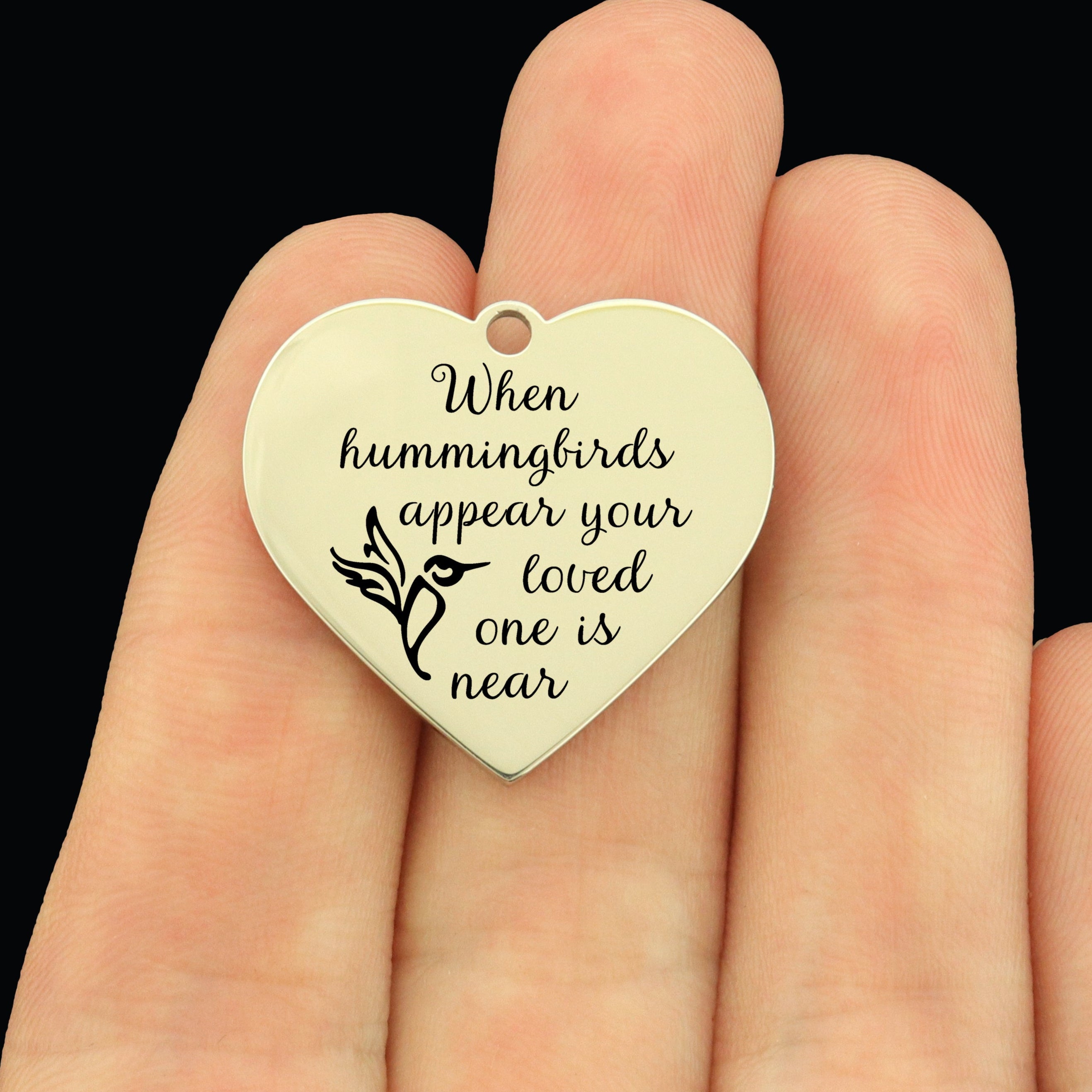 Memorial Stainless Steel Large Heart Charms - When hummingbirds appear, your loved one is near