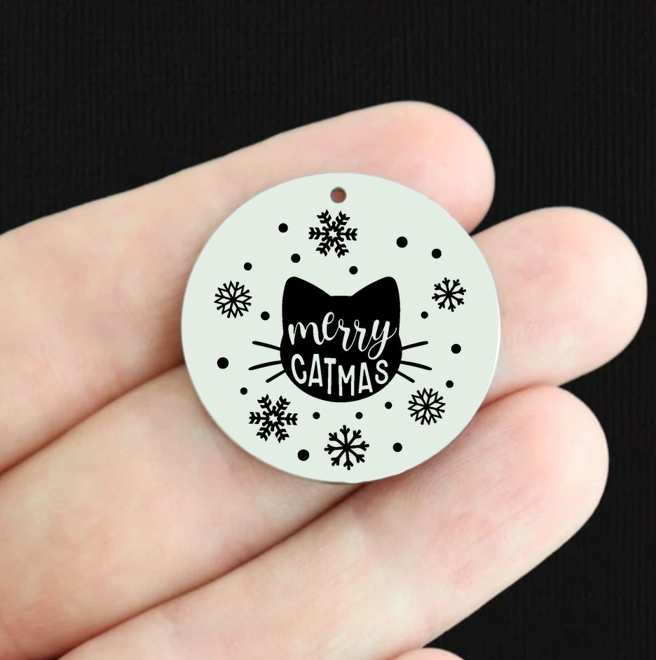 Merry Catmas Stainless Steel 25mm Round Charms - BFS009-8380