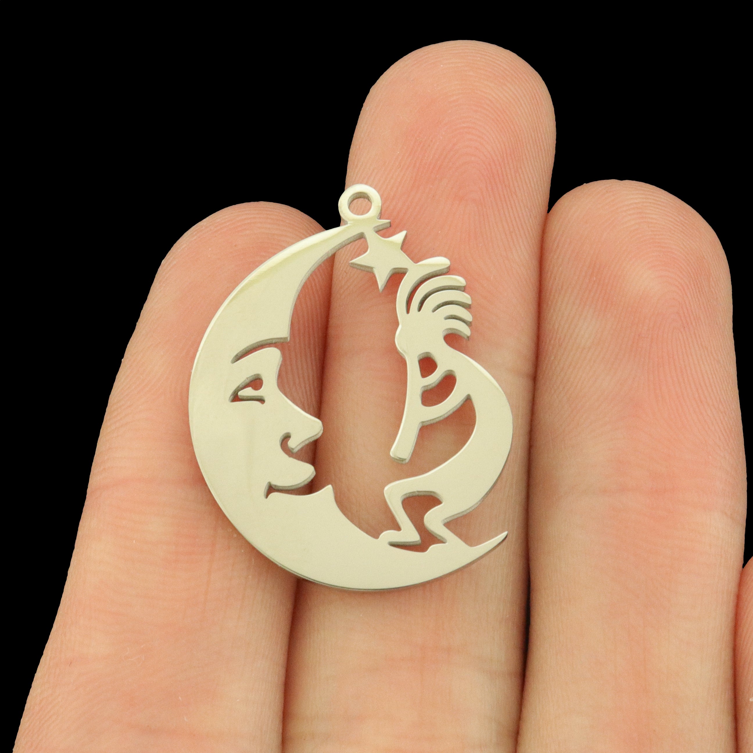 Moon Kokopelli Stainless Steel Charms 2 Sided - Choose Your Tone!