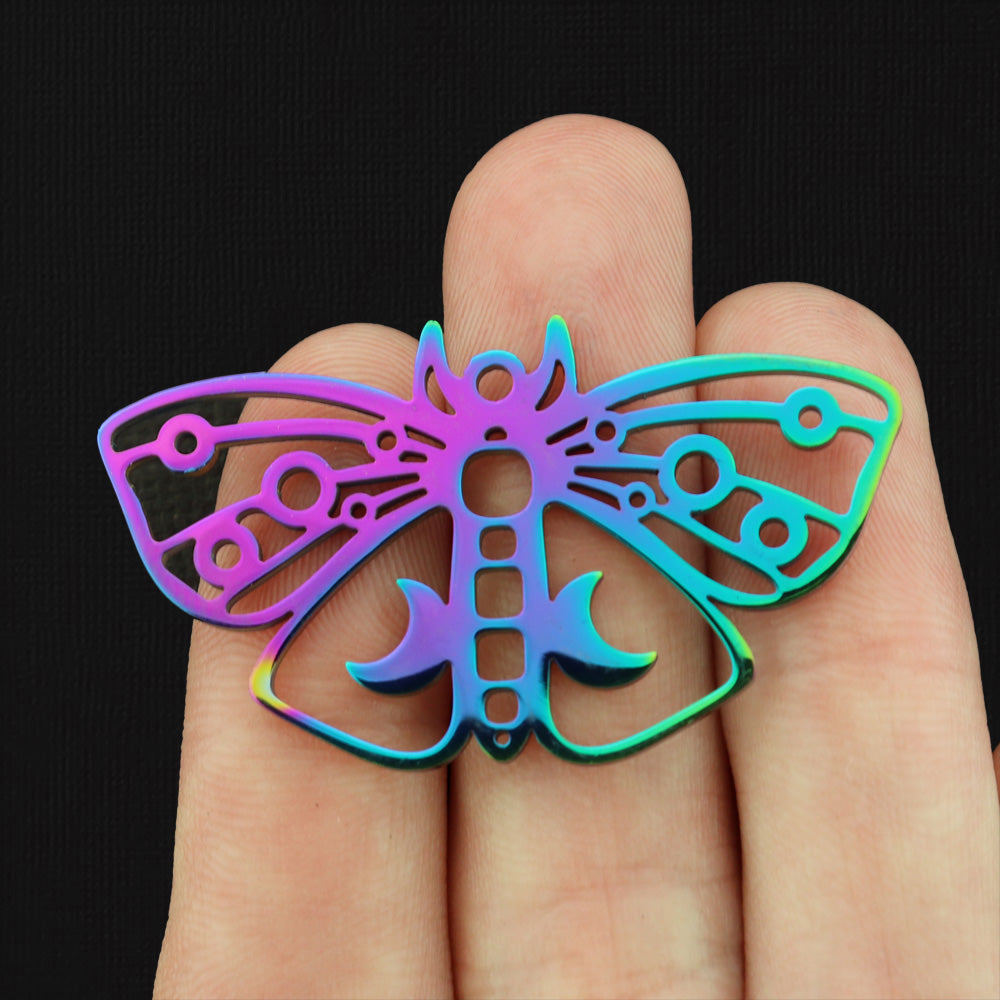 Moth Crescent Moon Stainless Steel Charms 2 Sided - Choose Your Tone