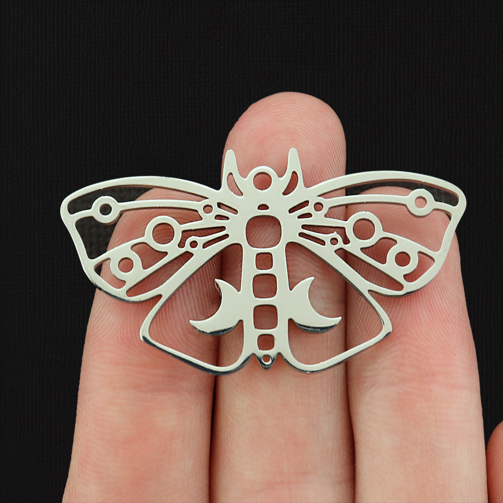 Moth Crescent Moon Stainless Steel Charms 2 Sided - Choose Your Tone