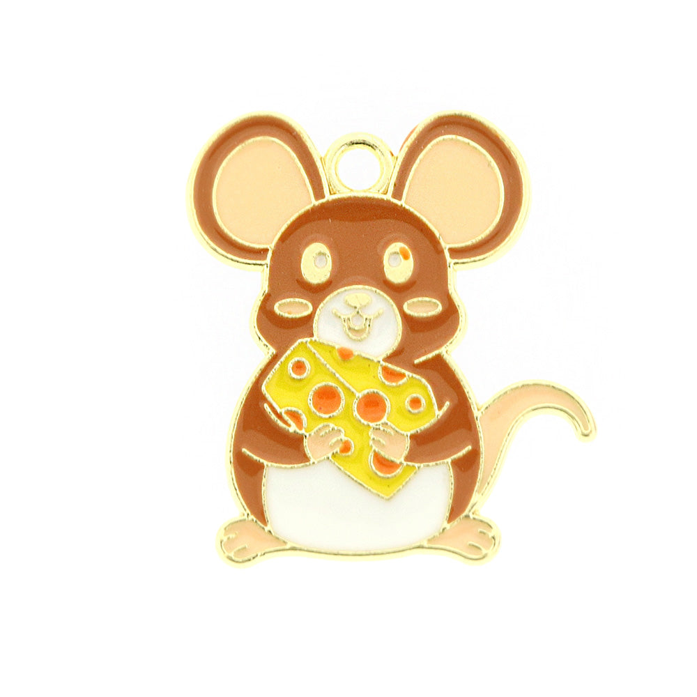 Mouse with Cheese Gold Tone Enamel Charm - E429