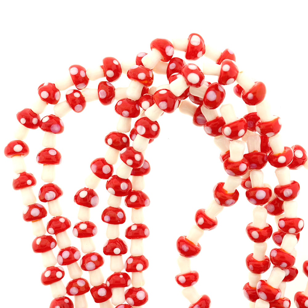 Mushroom Lampwork Glass Beads 12.5-14mm - Red - 1 Strand 24 Beads - BD099
